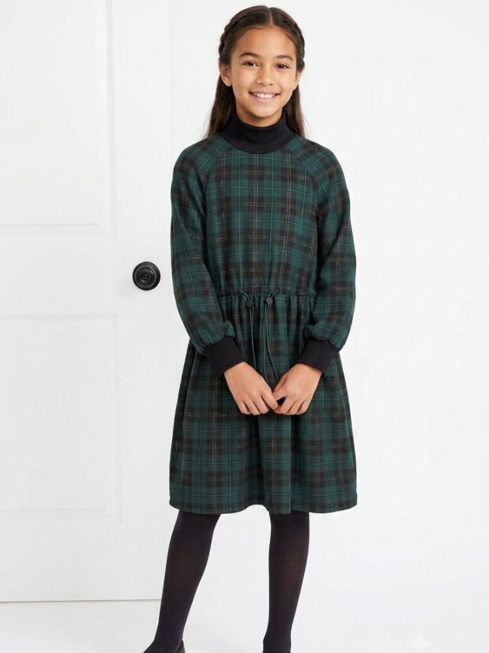 Unlabel Green Square Cosmos Girls Dress Plaid Turtle Neck Size 11-12 NWT